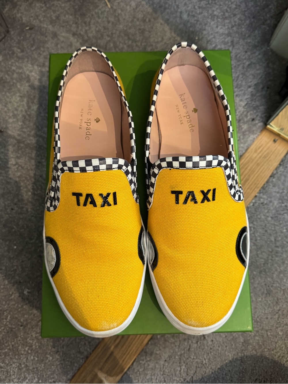 kate spade Linda Dark Yellow Canvas Slip-Ons with Black Patent